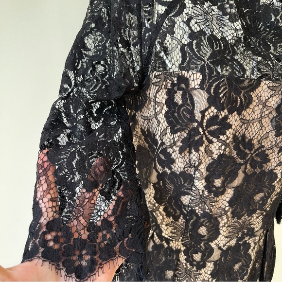 Milly Celia 3/4 Sleeve short Dress SZ 4 Black Lace Blush silk Lining Scallop Hem - Picture 3 of 11